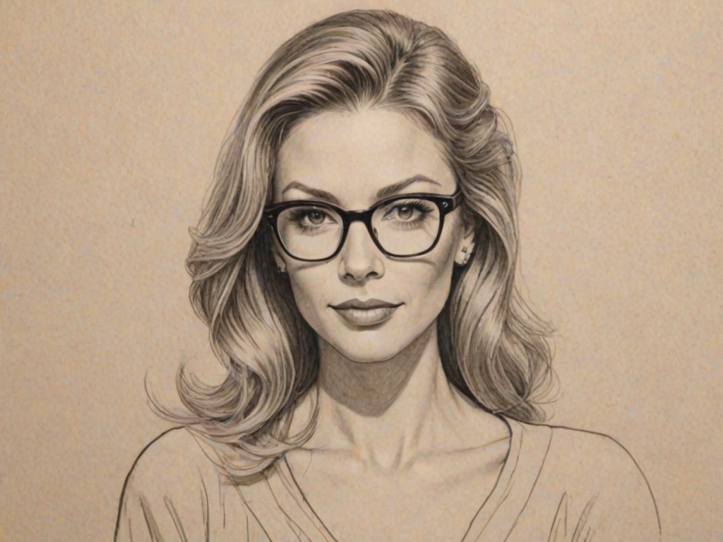Exquisite Debbie Matenopoulos, pencil sketch, portrait of Beauteous woman 1945s in glasses, hair style beatnik, outline, clear lines, fine lines, 8k