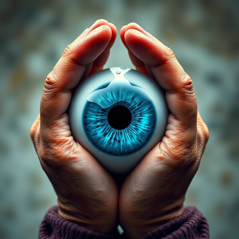 regenerate an image of a large blue eye being grasped by two textured, artistic hands with an abstract background using a DSLR camera, 50mm lens, f/1.8 aperture, ISO 100, 1/200s shutter speed, soft focus background for depth, vibrant color saturation and enhanced contrast