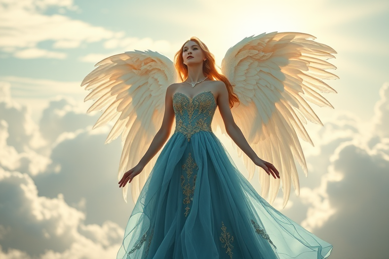 Create an ethereal image of a serene angelic figure with large wings, wearing a flowing blue gown adorned with intricate gold details, standing majestically against a backdrop of fluffy white clouds and a radiant sky, captured using a Canon EOS R5 with a 50mm f/1.2 lens at f/2.8, 1/200s, ISO 100, in a soft focus style to enhance the glow and light effects.