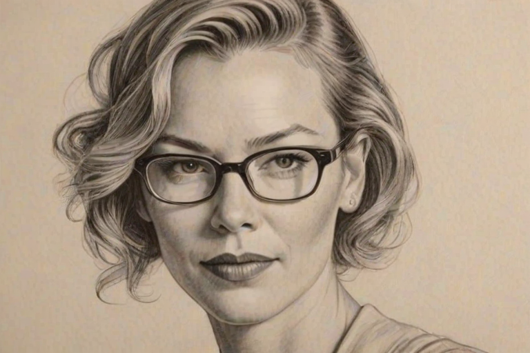 Charming Connie Nielsen, pencil sketch, portrait of Graceful woman 1932s in glasses, hair style beatnik, outline, clear lines, fine lines, 8k