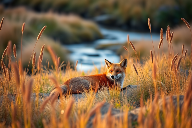 A serene landscape featuring a resting fox surrounded by tall golden grass and a gentle stream in the background, captured with a Canon EOS R5, 50mm lens, f/2.8 aperture, ISO 100, at sunrise for soft lighting and enhanced color vibrancy.