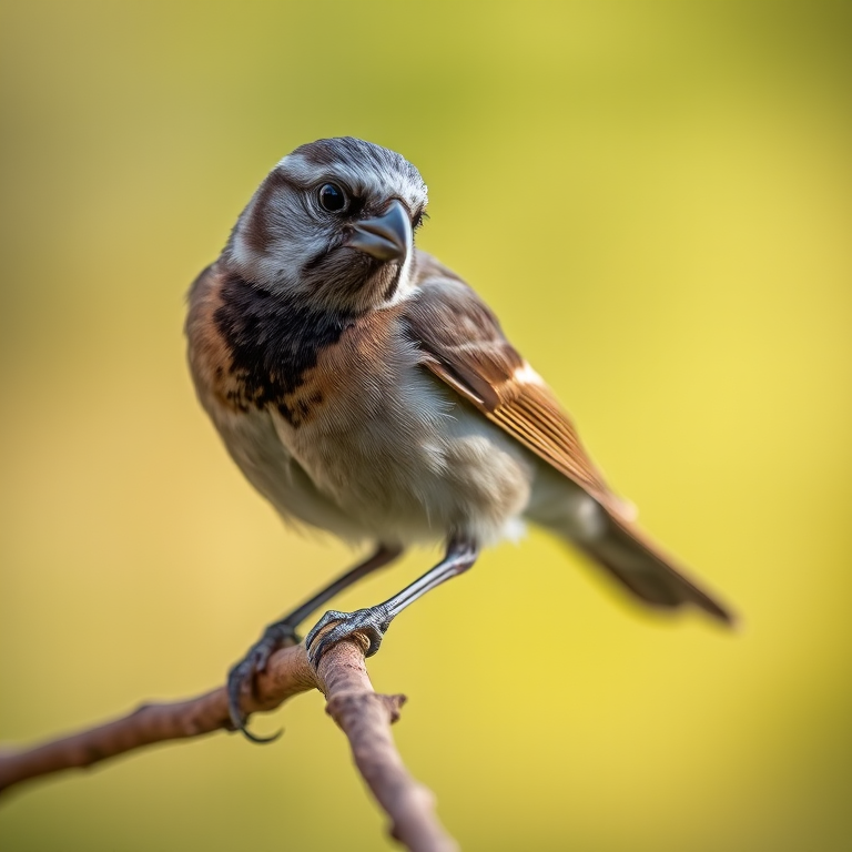 Capture a close-up of a perched bird with a shallow depth of field, using a DSLR camera with a 50mm lens at f/2.8, ISO 200, shutter speed 1/500, and a slight angle from below for a dramatic effect against a soft, blurred background.