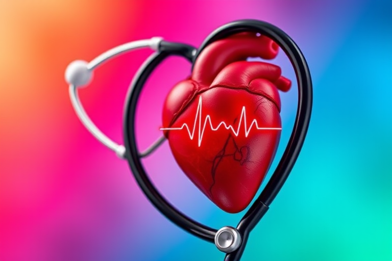 create an image of a stethoscope intertwined with a heart, featuring a heartbeat line overlay, using a Canon EOS R5 with a 50mm f/1.2 lens, aperture f/2.8, ISO 100, 1/125 shutter speed, in a macro style with a vivid color gradient background.