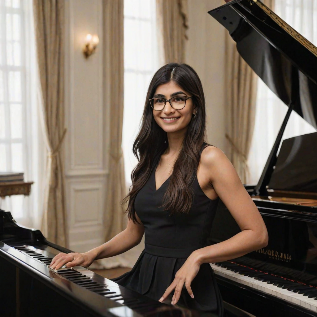 A mia khalifa with long, dark hair smiles at the viewer as she sits at a grand piano, her right hand poised over the keys. The scene is lit by warm, natural light, highlighting the elegant simplicity of the woman's black dress. The perspective is from the side, emphasizing the contrast between the woman's delicate form and the grand scale of the piano. The ivory keys and dark wood of the piano create a striking visual contrast, further emphasized by the rich black of her dress.