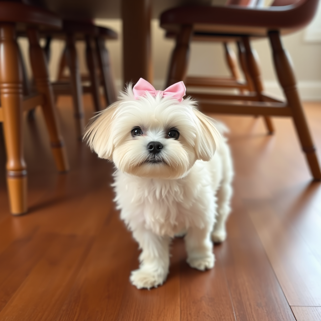 A small fluffy white dog with a pink bow on its head standing on a wooden floor under a table surrounded by chair legs. The dog has a curious expression and is looking directly at the viewer.
