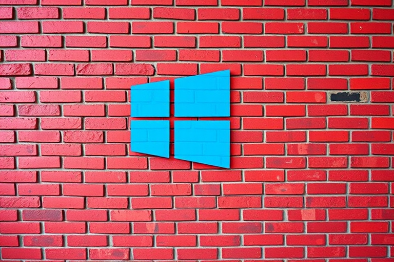 Generate an image of a vibrant red brick wall featuring the Windows 10 logo in blue, captured with a DSLR camera using a 50mm lens, aperture f/2.8, ISO 100, and a slight tilt-shift effect for depth.