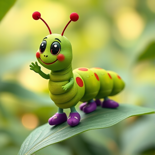 Regenerate a cartoon-style image of a friendly green caterpillar with red spots and purple shoes, waving while standing on a leaf, using a Canon EOS R5 camera, ISO 100, f/8, 50mm lens, in natural light for vibrant colors and sharp details.
