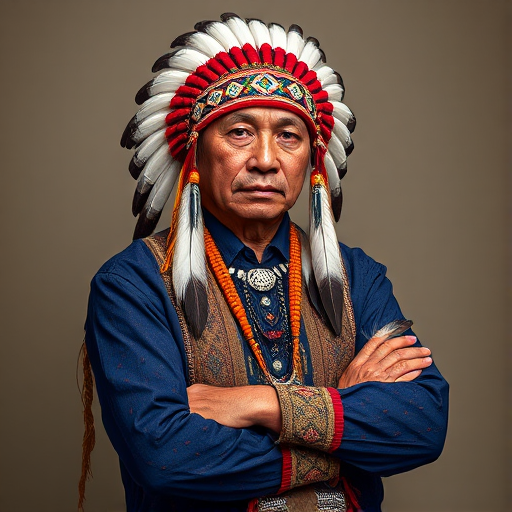 Create a dignified portrait of a Native American man dressed in traditional attire. He wears a beautifully crafted headdress adorned with white feathers and red beads, along with a beaded headband featuring intricate patterns. His clothing includes a deep blue, patterned shirt and a traditional chest piece with detailed beadwork. His arms are crossed, displaying leather armbands decorated with feathers. The background is simple and neutral, emphasizing his proud and stoic expression. The overall image captures the rich cultural heritage and strength of his persona.