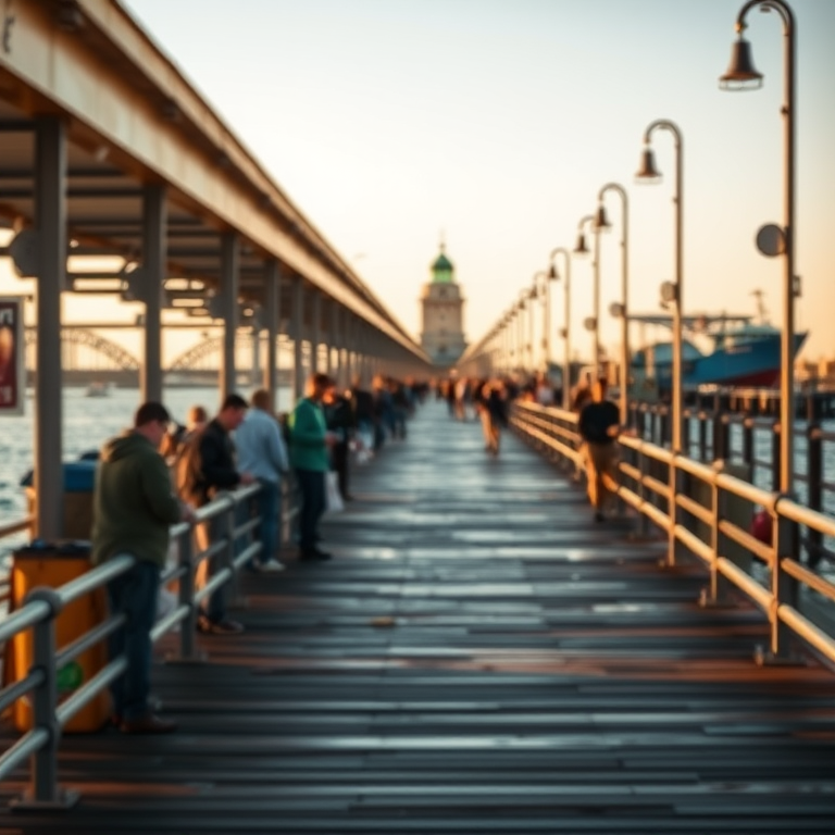 wide-angle shot of a busy fishing pier with people fishing, soft focus background, golden hour lighting, aperture f/8, ISO 100, shutter speed 1/250s, DSLR camera