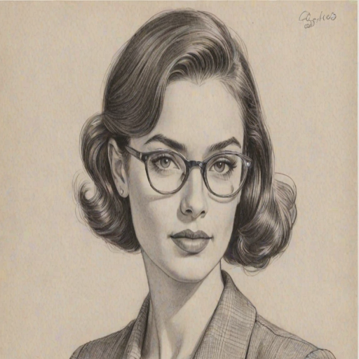 Superb Caitlin McHugh, pencil sketch, portrait of Splendid woman 1936s in glasses, hair style beatnik, outline, clear lines, fine lines, 8k