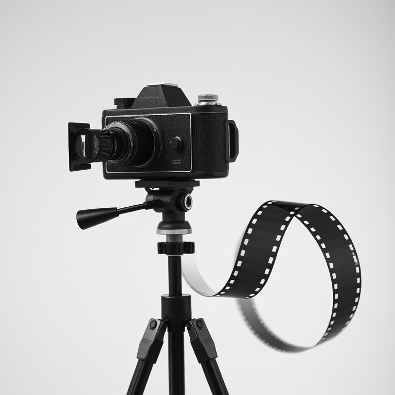 black and white minimalist design of an old-fashioned film camera on a tripod next to a winding film strip, shot with a 50mm lens at f/2.8, ISO 100, with a shallow depth of field to blur the background, using a DSLR camera in high resolution.