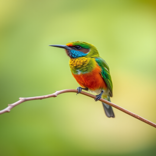 capture a vibrant bird perched on a thin branch with a blurred green background, use a Canon EOS 5D Mark IV, f/4 aperture, ISO 200, 1/500 sec shutter speed, focus on the bird with a shallow depth of field, natural lighting