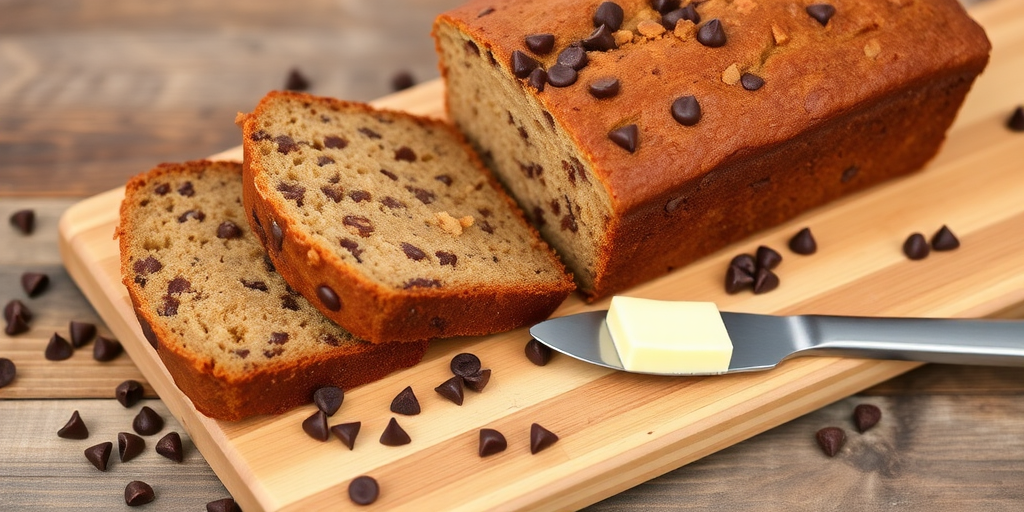 A freshly baked loaf of chocolate chip banana bread with several slices cut and displayed on a wooden cutting board scattered with chocolate chips and a butter knife with a pat of butter resting nearby.