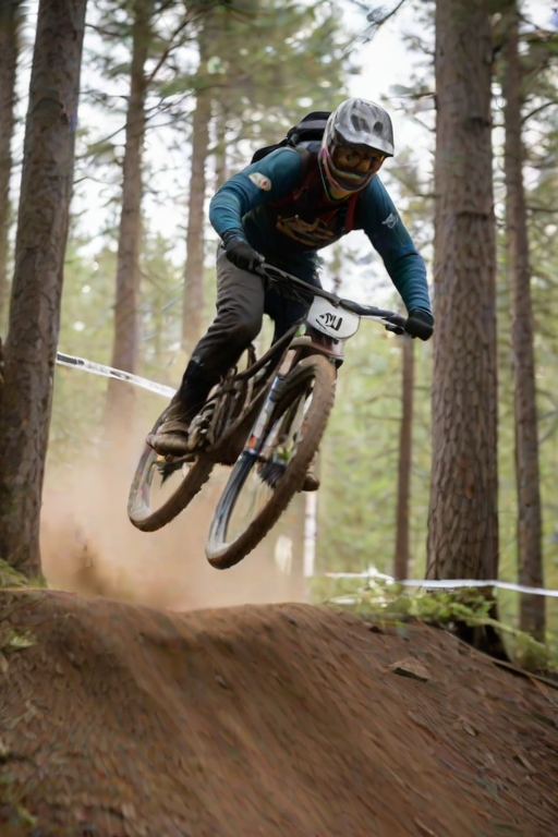 Blurry action shot of a mountain biker soaring over a jump, soft dirt clouds rising around the bike, with trees lining the trail in the background.