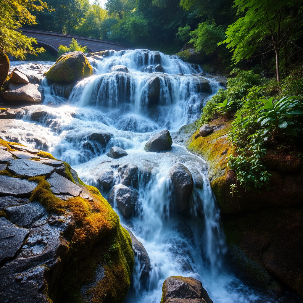 capture a vibrant waterfall scene with cascading water and lush greenery under soft natural light, use a wide-angle lens at f/11 for depth of field, ISO 100, shutter speed 1/60s, shoot in RAW format for maximum detail, use a tripod for stability, and apply HDR technique for enhanced dynamic range