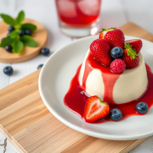 A delicious panna cotta dessert topped with fresh strawberries raspberries and blueberries on a white plate with a drizzle of red fruit sauce served on a wooden cutting board with a glass of drink in the background