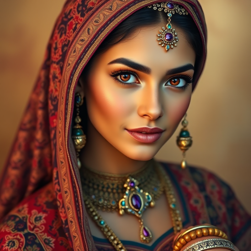 Create a portrait of a beautiful Latino woman with striking red eyes and a gentle expression. She is adorned in traditional attire with intricate patterns, including a richly embroidered headscarf and matching garments. Her jewelry includes a delicate headpiece, dangling earrings, and ornate bracelets, all featuring vibrant gemstones and detailed metalwork. The background is soft and warm, enhancing the rich colors of her outfit and jewelry.