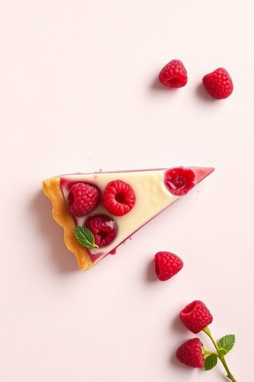 Create a high-resolution image of a raspberry pie slice on a plain background, using a DSLR camera with a 50mm lens, aperture f/2.8, ISO 100, natural lighting, and a top-down view to enhance details and colors.