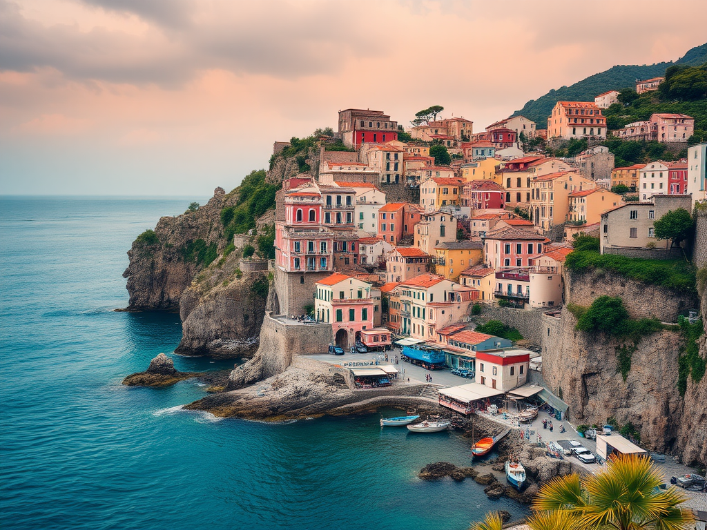 regenerate the image of a picturesque coastal town with colorful houses on the hillside overlooking a blue sea, captured with a DSLR camera, f/8 aperture, ISO 100, shutter speed 1/250s, in landscape mode, with a wide-angle lens to enhance depth and clarity