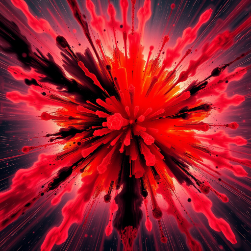 Create a high-resolution abstract image of a cosmic explosion with vibrant colors of red, orange, and black, captured from a wide-angle view using a digital camera at f/2.8, ISO 100, shutter speed 1/60s, and enhanced with HDR processing.