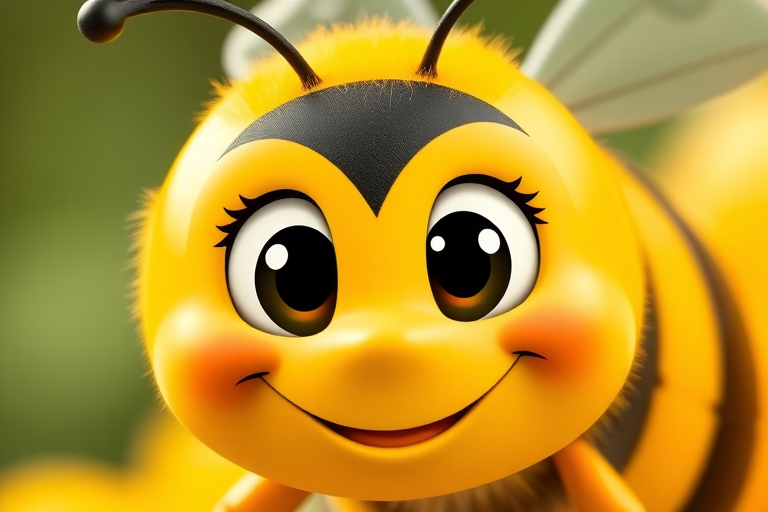Generate a cute cartoon bee with a smiling face and exaggerated features, use a bright yellow and black color scheme, focus on a clear and vibrant aesthetic, camera settings: f/5.6 aperture, ISO 100, 1/200 shutter speed, camera view: close-up, camera style: vibrant colors, camera type: digital SLR.