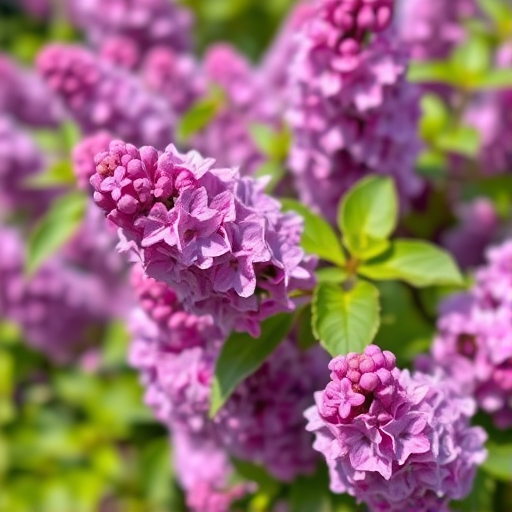 photograph a vibrant lilac bush in full bloom, capturing close-up details of the purple flowers and lush green leaves, use a DSLR camera with a 50mm lens, aperture set to f/2.8 for a shallow depth of field, ISO 100, shutter speed 1/250 sec, natural light to enhance colors and contrast, focus on the subject with a blurred background for added depth.