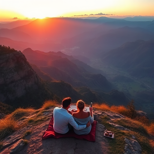 Scenic viewpoint overlooking a valley, with a couple enjoying a picnic, the sun setting behind the mountains, creating a romantic and serene moment.