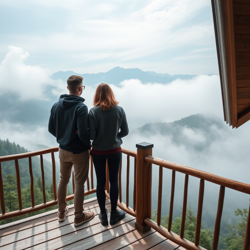 Create an image of two individuals standing on a wooden balcony overlooking a misty mountainous landscape, captured with a Canon EOS R5, 35mm lens, f/2.8 aperture, ISO 100, in soft natural light, wide-angle view for enhanced depth and clarity.
