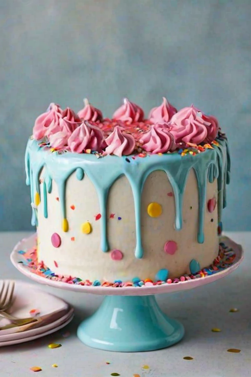Create an image of a colorful cake with pink icing dripping down the sides. The cake should be decorated with vibrant sprinkles around the base and have a smooth white frosting on top with a decorative border. Place the cake on a light blue cake stand and scatter some confetti around the base for a festive look.