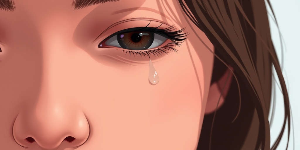 Regenerate a digital illustration of a close-up of a woman's face with a tear, soft lighting, high resolution, 50mm lens, f/1.8 aperture, ISO 100, shallow depth of field, portrait style, created digitally in a modern graphic design software.