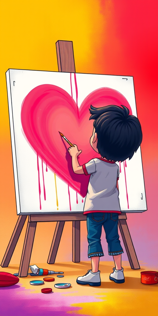 create a colorful digital illustration of a character painting a large heart on a canvas, with vibrant gradient backgrounds in red, yellow, and blue, captured with a Canon EOS 5D Mark IV, f/4 aperture, 1/125s shutter speed, ISO 100, and a soft focus effect for a dreamy look