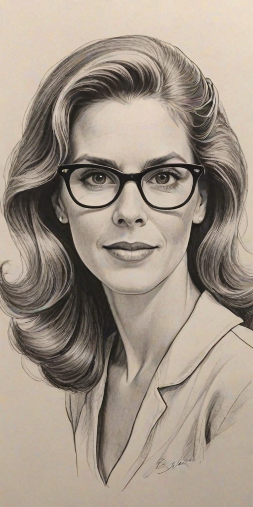Comely Julie Hagerty, pencil sketch, portrait of Bewitching woman 1954s in glasses, hair style beatnik, outline, clear lines, fine lines, 8k