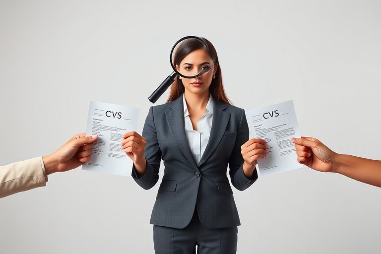 Regenerate the image of a woman in a suit standing with a searching magnifying glass symbol above her and four hands holding CVs, use a Canon EOS 5D Mark IV with a 50mm lens, f/2.8 aperture, ISO 200, natural lighting, and a studio background to enhance image quality.