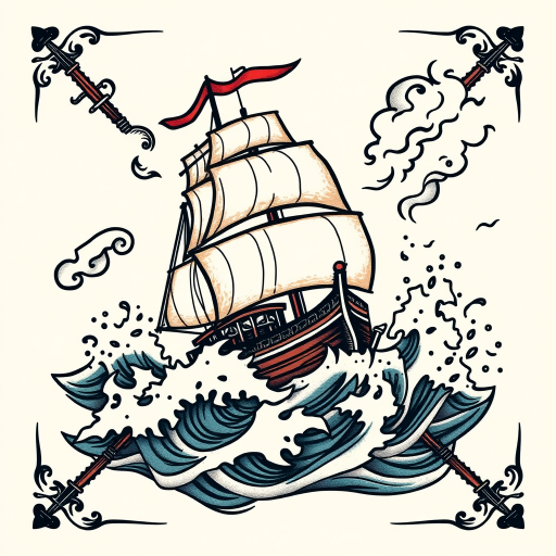 Old school traditional tattoo named "Sailor's Fortune" depicting a ship in stormy seas with bold outlines, limited color palette, and classic maritime imagery
