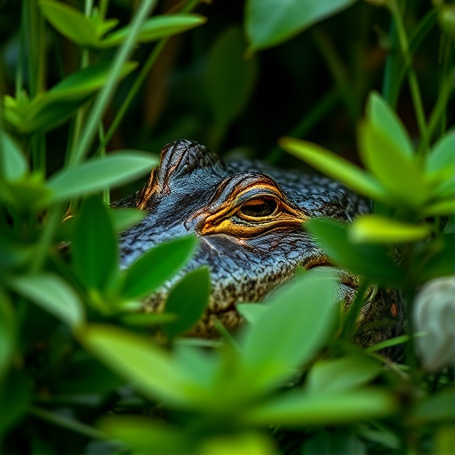 Capture a close-up of a crocodile's head partially hidden among dense green foliage, use a macro lens with a focal length of 100mm, aperture set to f/2.8 for a shallow depth of field, shutter speed at 1/200 sec, ISO 200, natural light, with a slight tilt for an artistic perspective.