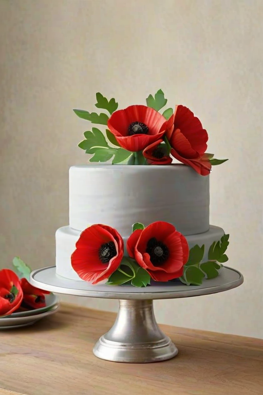 Create a three-tiered cake with a smooth gray finish. Adorn the cake with vibrant red poppy flowers, each with delicate green leaves. Place the cake on a clear, elegant cake stand, and set against a soft, neutral background.