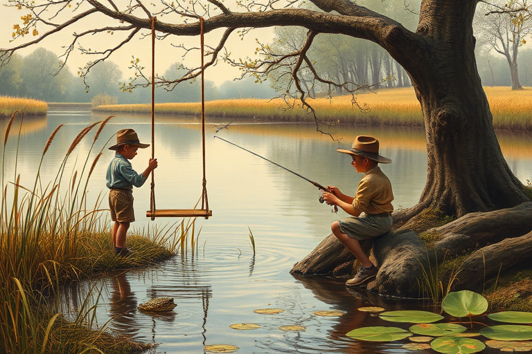 Imagine a small group of old fashioned young boys out fishing by the creek, a swing hanging from a tree branch, reeds and grasses by the water's edge, a frog sitting on a lily pad, dragonflies hovering over som water plans, a very iconic old fashioned scene reminiscent of a Norman Rockwell painting style