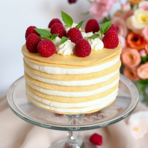 A beautifully layered cake with thin pastry sheets and creamy filling, elegantly presented on a glass cake stand, topped with fresh raspberries and delicate green leaves, with a soft background featuring a hint of flowers.