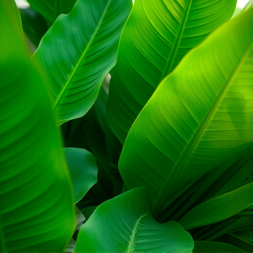 Create a high-resolution close-up image of lush tropical leaves filling the frame, emphasize detailed textures and vibrant colors, use a DSLR camera with a 50mm lens, aperture set to f/2.8, ISO 100, shutter speed 1/125, natural soft lighting to enhance depth.