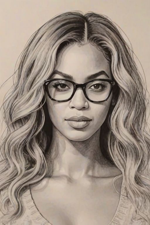 Stunning Beyonce, pencil sketch, portrait of Lovely woman 1964s in glasses, hair style beatnik, outline, clear lines, fine lines, 8k