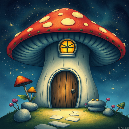 this photo is illustration of a mushroom house with a door and a window, a storybook , fantasy art, mushroom house, bg starry sky, sparkles