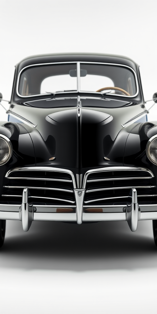 vintage black sedan car, 50mm lens, f/2.8, ISO 100, 1/250 sec, frontal view, studio lighting, high-resolution photography, sharp focus on the car, minimal background distractions