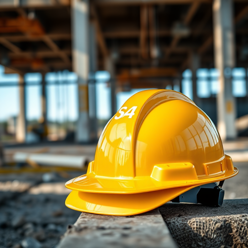Create an ultra-realistic image of a shiny yellow hard hat on a construction site, captured with a Canon EOS R5 at f/2.8, ISO 100, 1/250s, with a 35mm lens, using natural lighting and a shallow depth of field to enhance details.