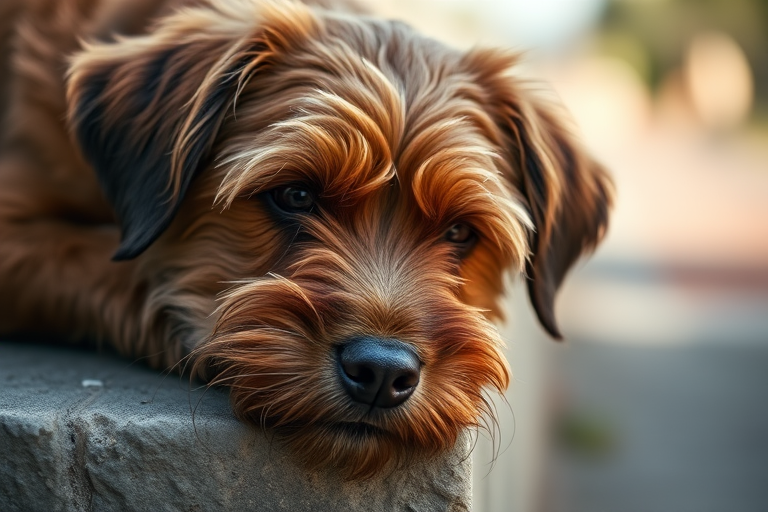 A close-up of a scruffy brown dog resting its head on a stone step, with a soft bokeh background, shot with a DSLR camera at f/2.8, ISO 200, and a shutter speed of 1/250 seconds to emphasize the dog's expression and texture of fur.