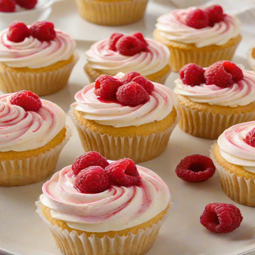 Generate an image of delicious cupcakes topped with swirls of creamy frosting and fresh raspberries. The cupcakes should have a light golden color and be decorated with raspberry sauce drizzled on top. Surround the cupcakes with more fresh raspberries for a vibrant and appetizing presentation.
