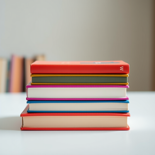 create an image of three stacked books with colorful spines in a flat design style, use a Canon EOS R5 camera with a 50mm lens, aperture f/2.8, ISO 100, natural lighting from the left, and a soft focus background to enhance image quality