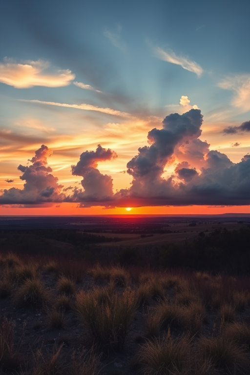 Create a high-resolution image of a serene landscape at sunset with dramatic clouds, using a DSLR camera, ISO 100, aperture f/11, shutter speed 1/60 sec, capturing a wide-angle view in landscape orientation.