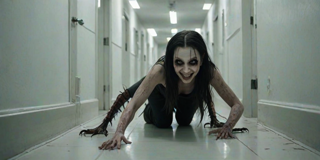 a crooked female with long arms and a creepy smile is crawling along a long white corridor and you can also see cockroaches in it there is a creepy atmosphere creepy art style