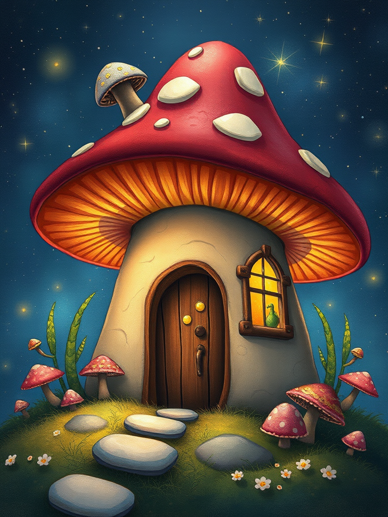 imagine illustration of a mushroom house with a door and a window, a storybook , fantasy art, mushroom house, bg starry sky, sparkles