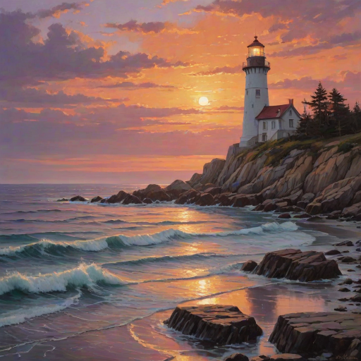 Generate an image of a tall lighthouse perched on a rocky outcrop surrounded by calm ocean waters during a breathtaking sunset. The lighthouse stands sturdy and weathered, its stone surface illuminated by the warm golden light of the setting sun. The sun's rays pass directly through the glass lantern room at the top of the lighthouse, casting a brilliant light across the scene. The sky is painted with vibrant shades of orange, pink, and purple, reflecting off the tranquil sea. The surrounding water shimmers with the same warm hues, creating a serene and majestic atmosphere.